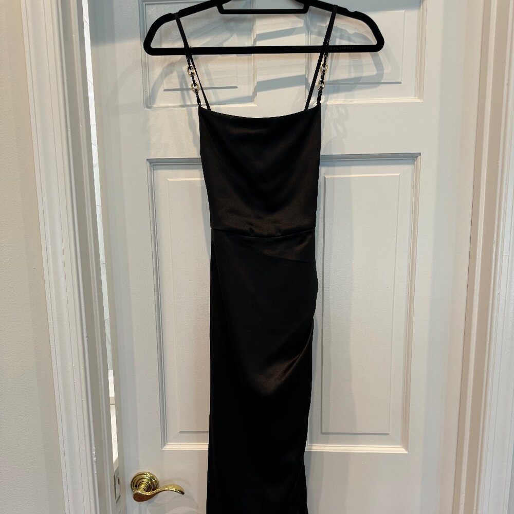 Zara Black Satin Maxi Slip Dress with Chain-Strap Detail
